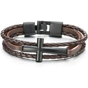Unisex Braided Leather Bracelet, Black Sideways Cross